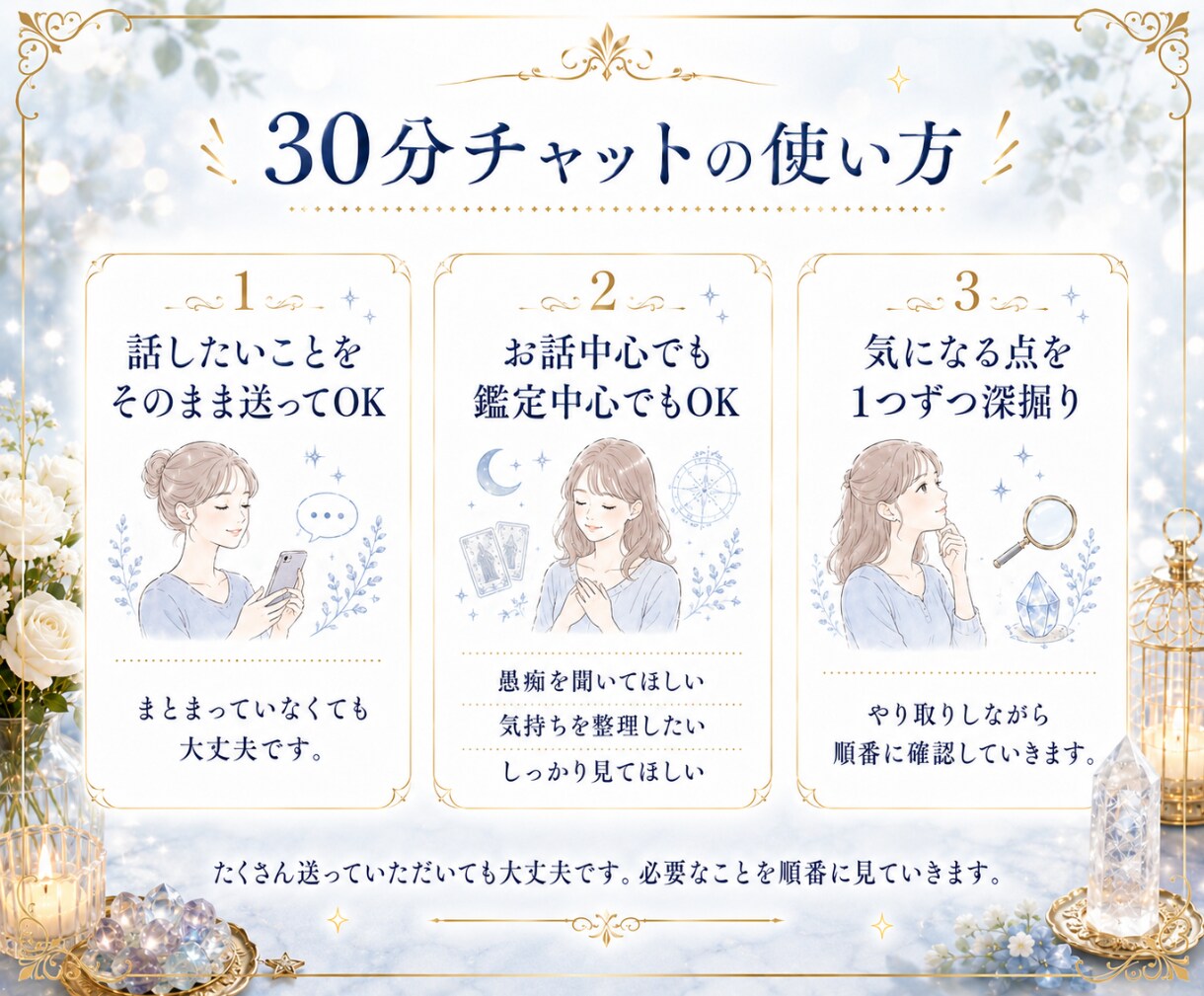 悩みを整理しながら☘️30分チャットで占います ✨相談実績8000件超☪️時間内質問数の上限なし✨ イメージ3