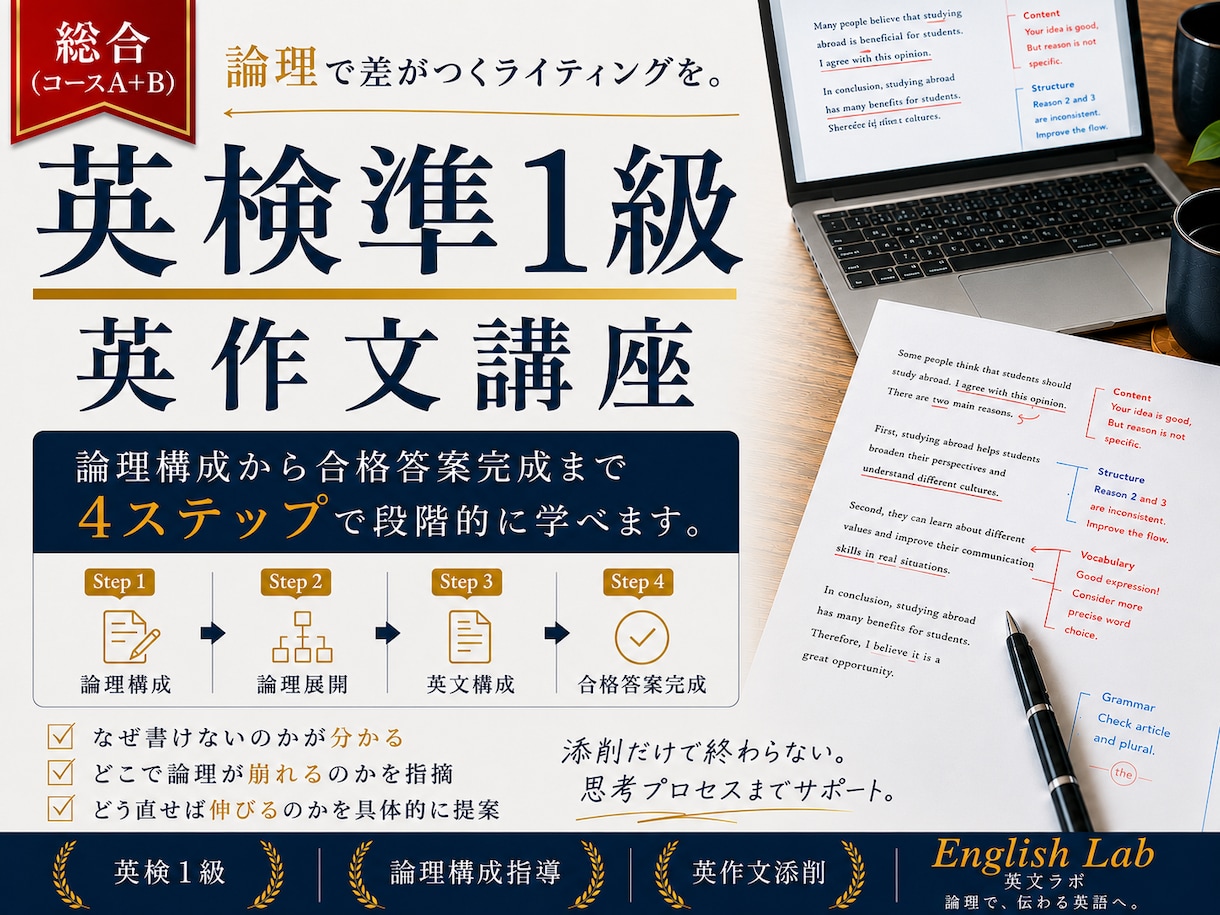 総合講座｜英検準1級英作文 基礎から順番に学べます 日本語での論理構成から合格答案完成までの4ステップ イメージ1