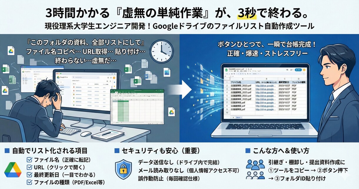 フォルダ内全ファイルをリスト化！ツール渡します ファイル名・URLを自動抽出。手作業ゼロで管理台帳が完成 イメージ1