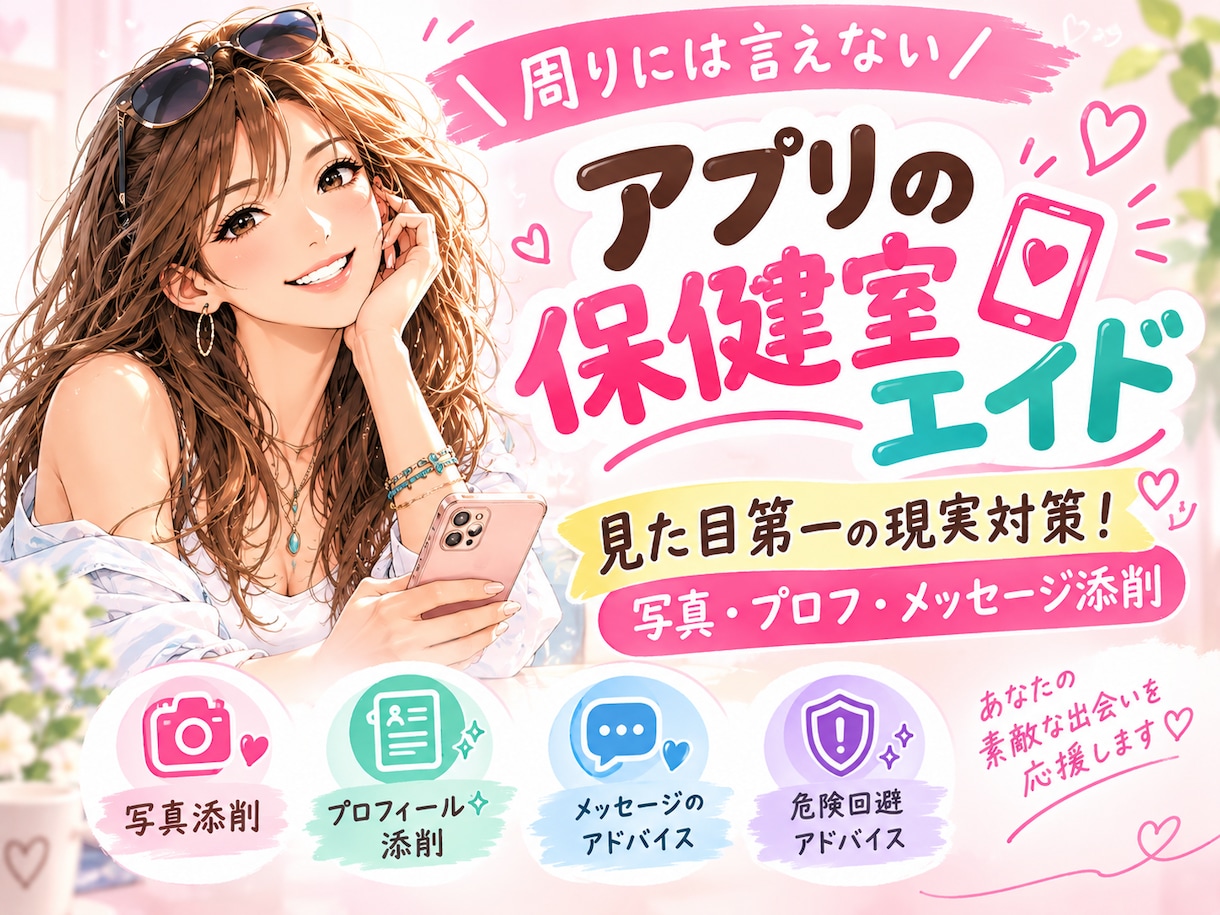 アプリの保健室が写真プロフ徹底添削＆危険回避します 気軽に相談しにくいアプリの悩みお任せ♡今だけ限定1000円 イメージ1