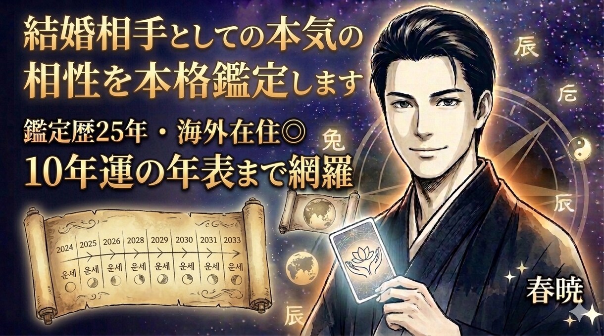 結婚相手としての本気の相性を本格鑑定します 鑑定歴25年・海外在住◎10年運の年表まで網羅します。 イメージ1