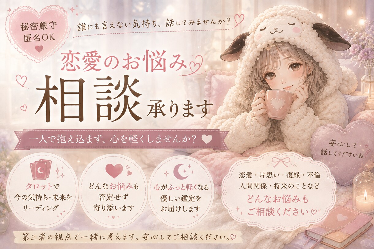 誰にも言えない悩みを客観的に整理します 一人で抱え込まないで、第三者の視点で一緒に考えます イメージ1