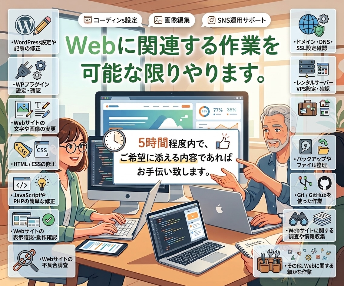 Webに関連する作業を可能な限りやります 5時間程度内で、ご希望に添える内容であればお手伝い致します。 イメージ1
