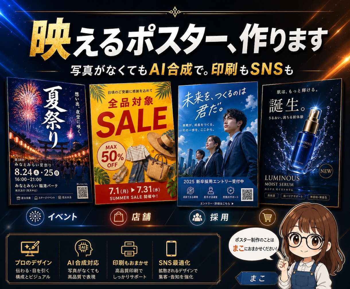 映えるポスター1枚作ります 写真がなくてもOK。印刷もSNSも、これ1枚。 イメージ1