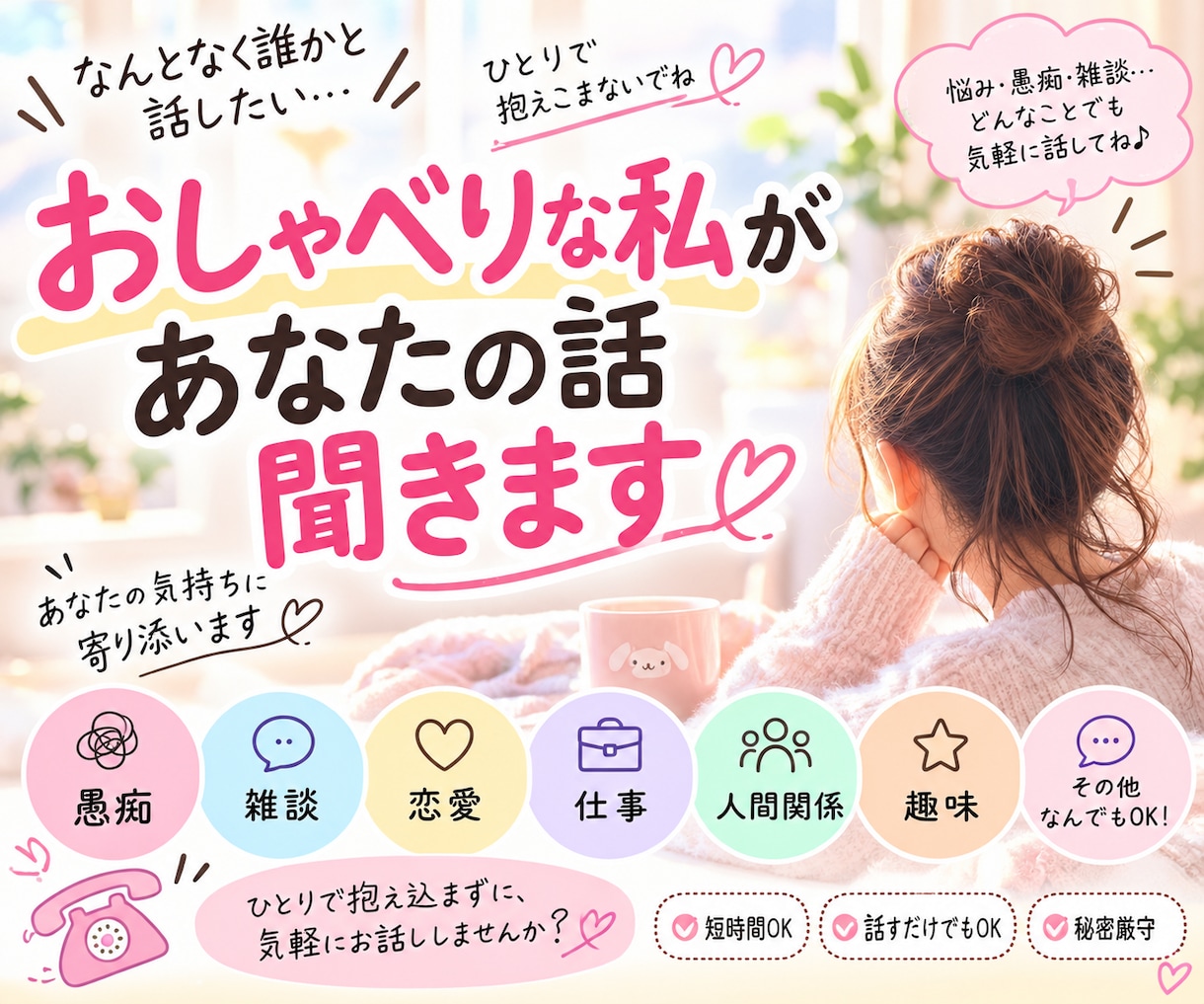 おしゃべりな私があなたのお話を聞きます 誰かと話したい夜に、気軽にお話ししませんか？ イメージ1