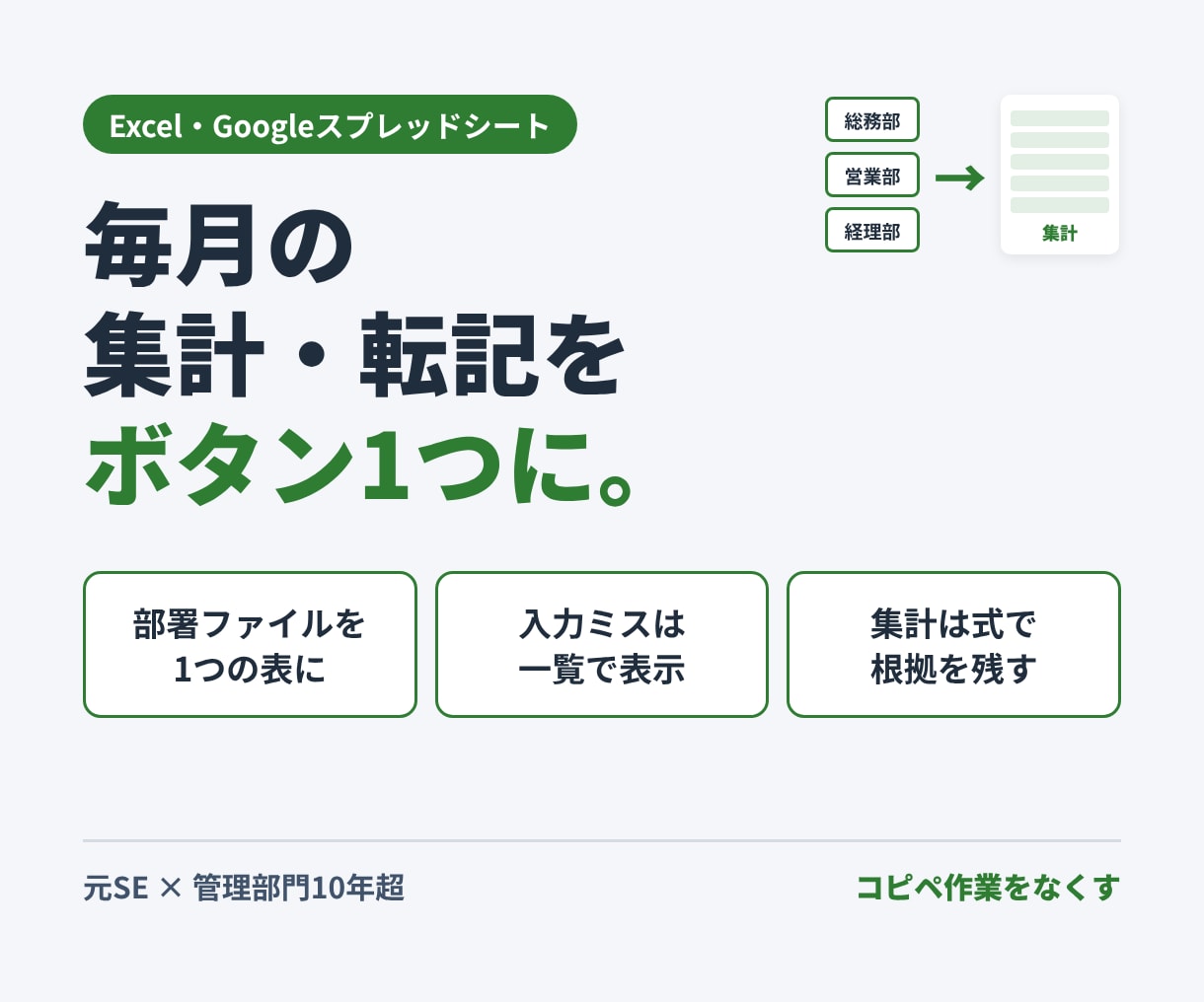 毎月の集計・転記作業を自動化します スプレッドシート・Excelの手作業のコピペをなくします イメージ1