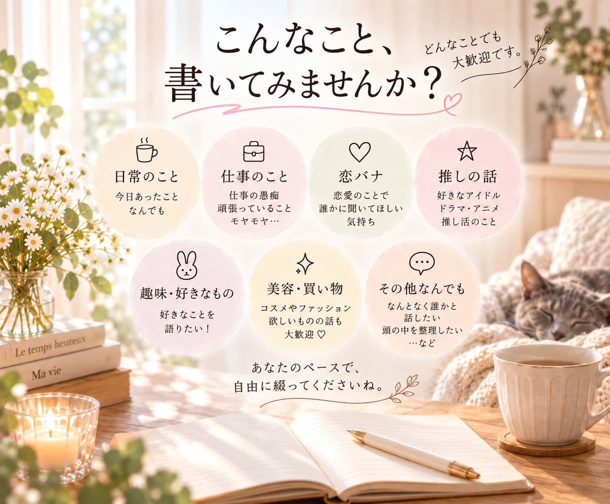 言いたいことなんでも！3日間交換日記でお聴きします 自分のペースでゆったり。ふたりだけの交換日記でおしゃべり♪ イメージ2