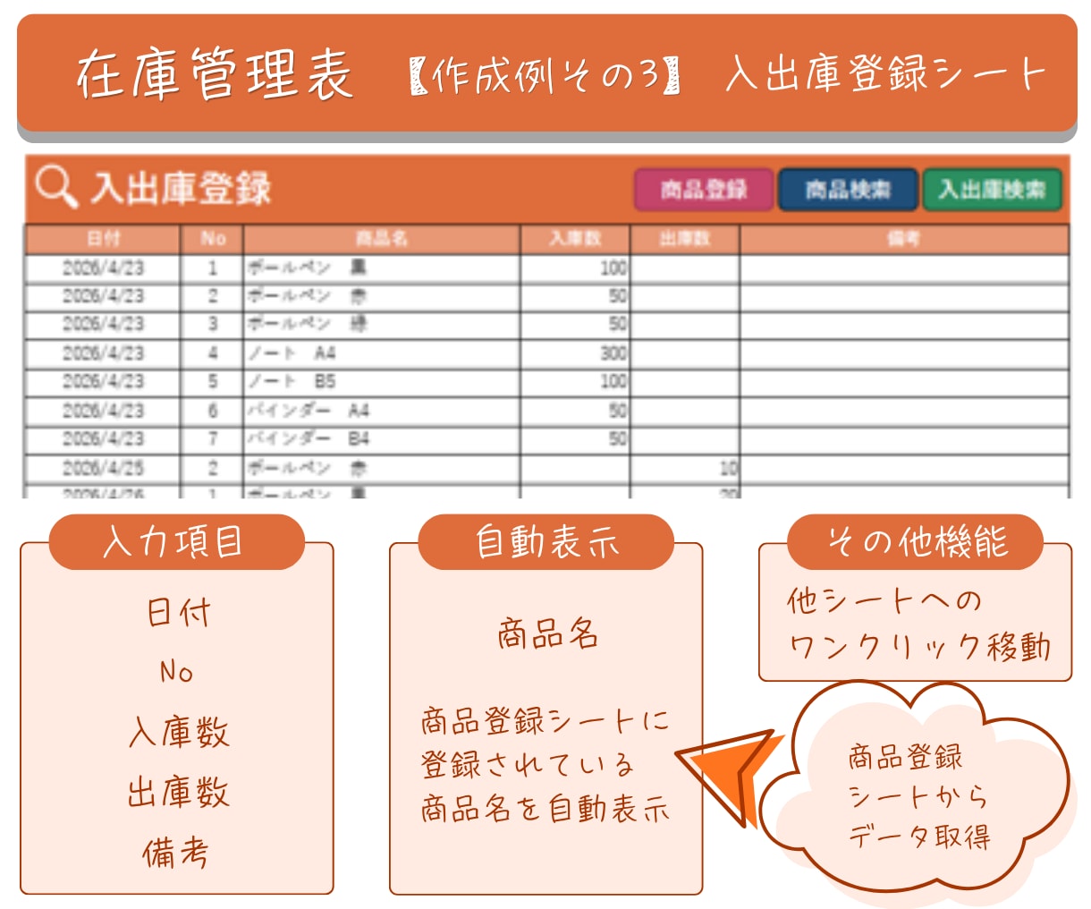 在庫管理表をExcelで作成します 基本機能を中心に、内容によりVBAにも対応 イメージ4