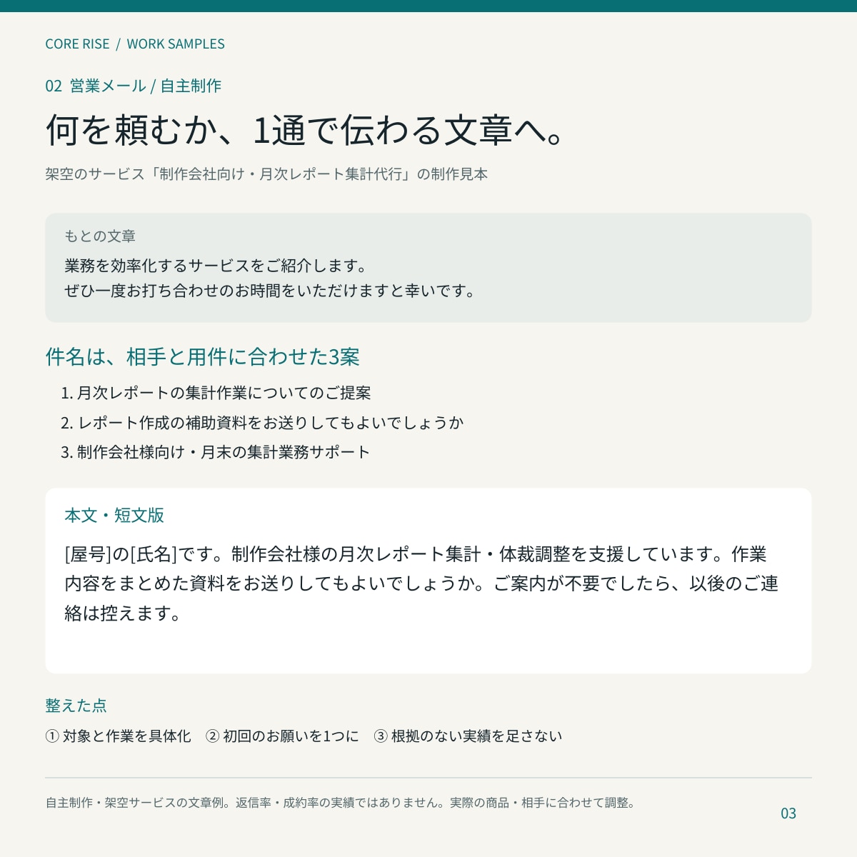 法人営業メール1通を読みやすく添削・書き直します 原稿なしOK｜件名3案＋本文2案｜通常2日・修正1回 イメージ2