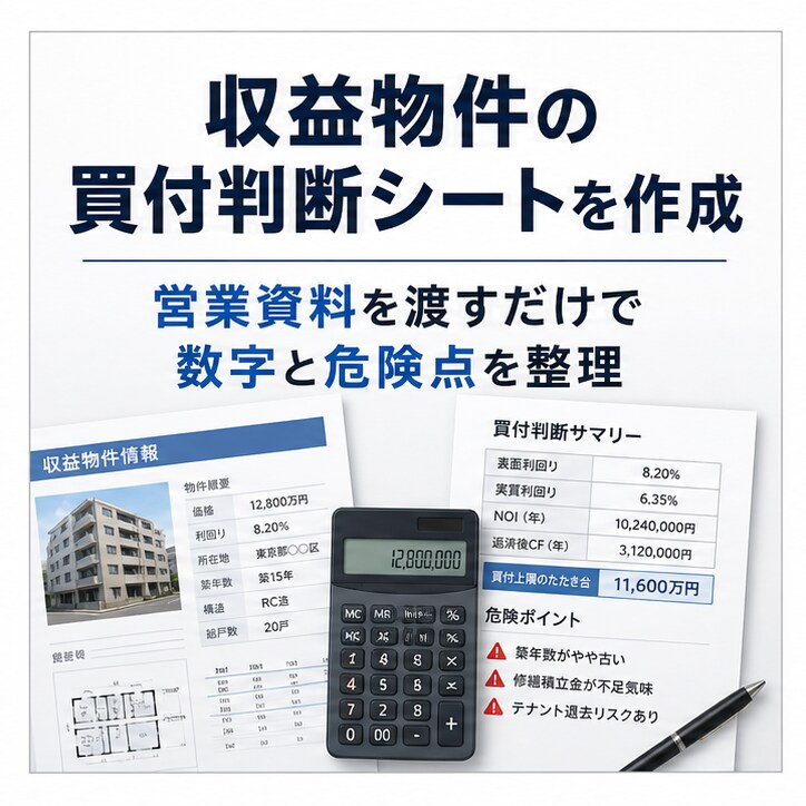 収益物件の買付判断シートを作成します CF・買付上限・危険点を1件ごとに整理します イメージ1