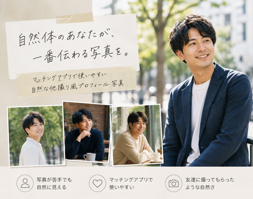 マッチングアプリ用写真【AIエンジニア】作成します 顔写真だけで自然な他撮り風に仕上げます【撮影より格安、手軽】 イメージ1