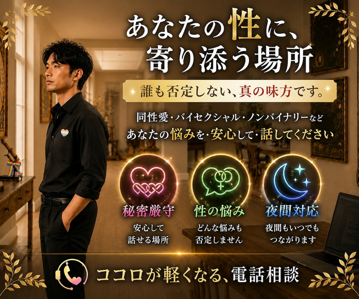 一人で寂しい、辛い、不安な夜、あなたの心を癒します 同性愛/バイセクシャル・・誰にも言えない性の悩み寄り添います イメージ1