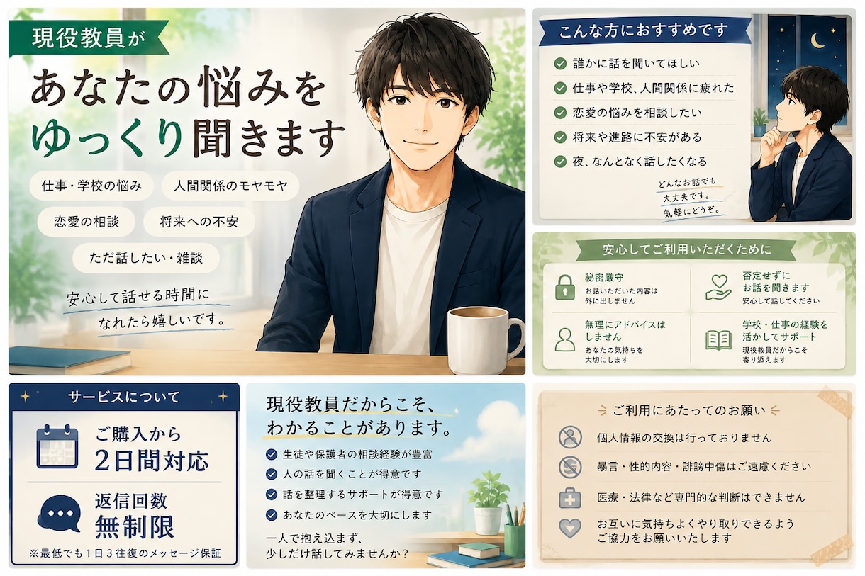 会話無制限！現役教師があなたのお話を聞きます ⭐︎現役教師とお話⭐︎ 話し相手／雑談／相談／愚痴／恋愛／ イメージ1