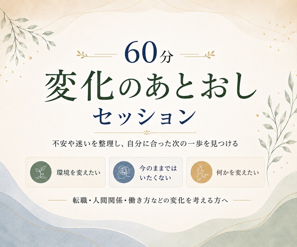 環境を変えていく【変化のあとおし】します 環境変化を意識し始めた方へ。次の一歩を一緒に見つけましょう。 イメージ1