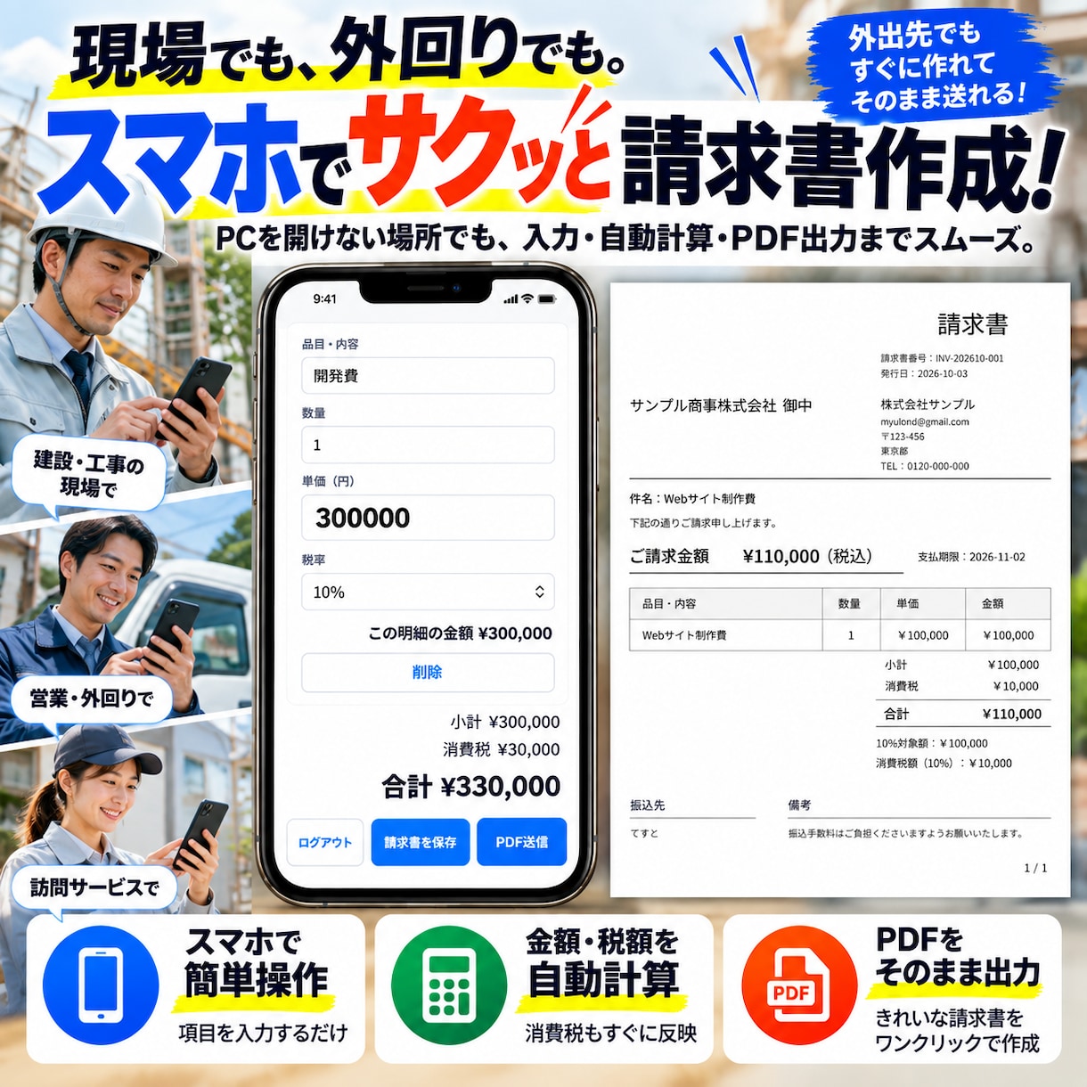 スマホでサクッと請求書作成できるツールを提供します 現場・外回りでも簡単！入力・自動計算・PDF出力までこれ1つ イメージ1