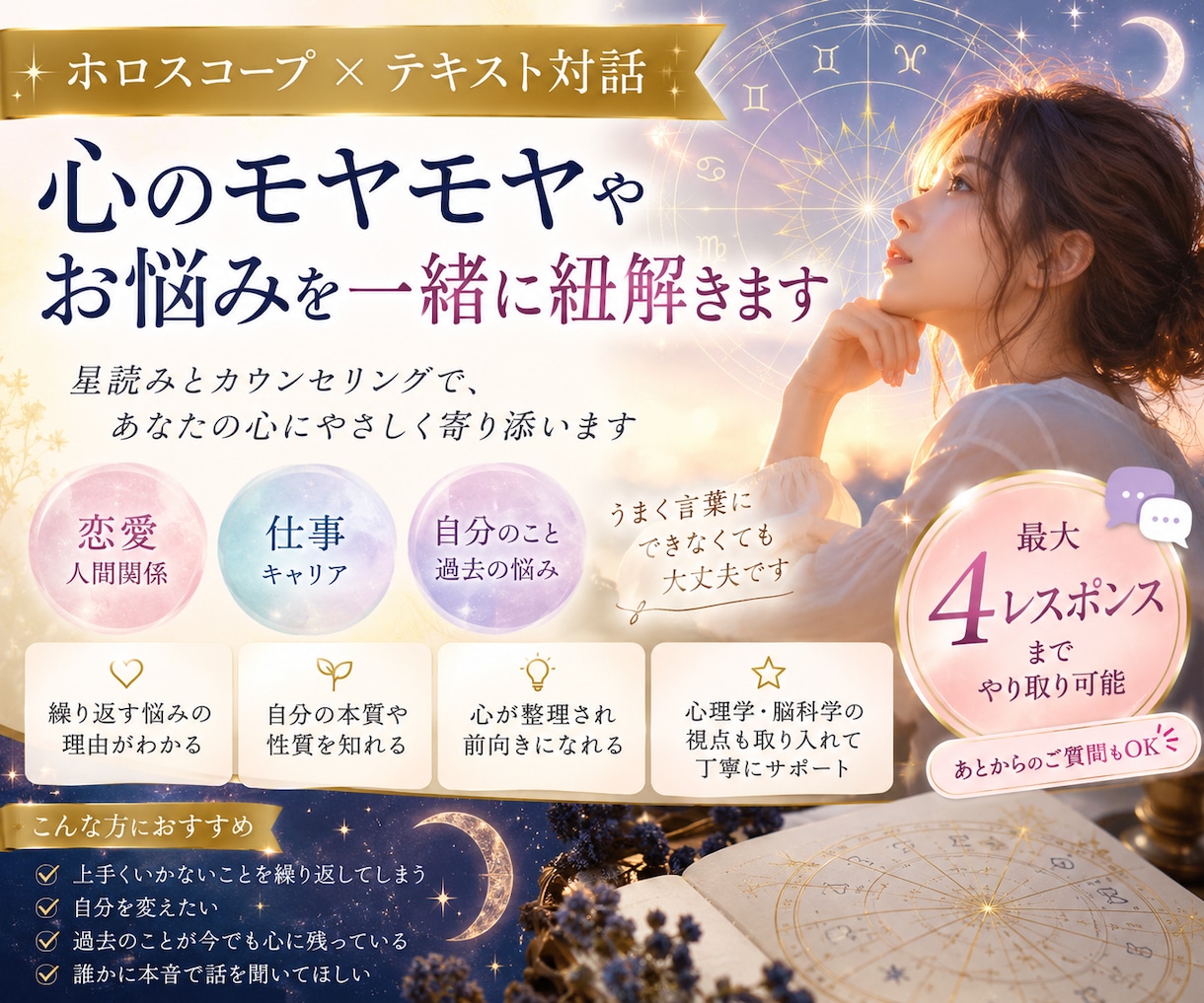 星と対話でお悩みを紐解きます 「ホロスコープと対話で、心のモヤモヤを整理します」 イメージ1