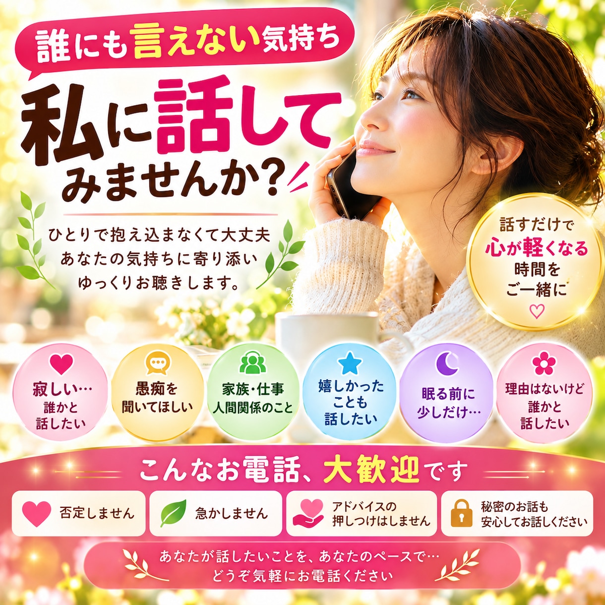 貴方の自慢話し愚痴悩み聞きます 貴方の事を全てオールオッケーでお話聞きます。 イメージ1