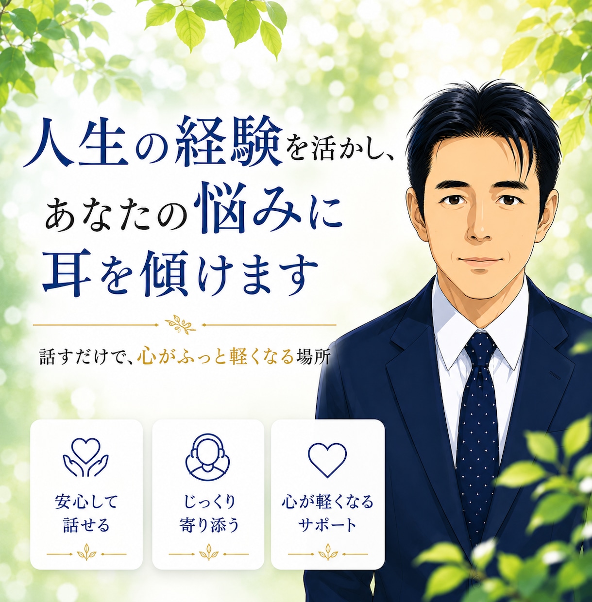 人生の経験を活かし、あなたの悩みに耳を傾けます 話すだけで、心がふっと軽くなる場所 イメージ1