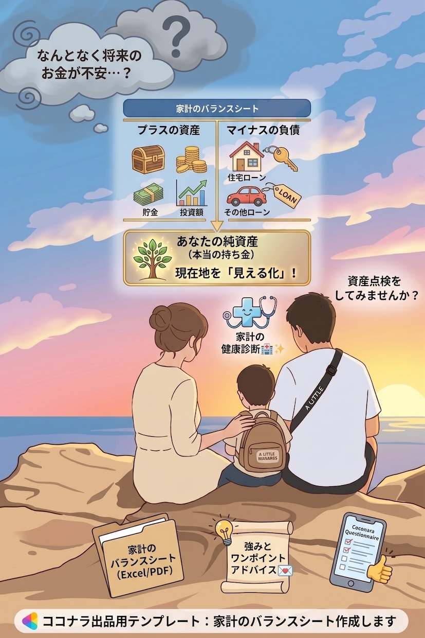 資産点検をしませんか？家計バランスシート作成します 「なんとなく不安」を解消！お金の現在地を見える化する健康診断 イメージ1