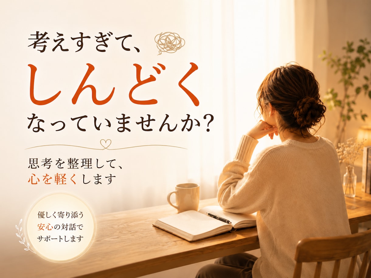考えすぎて疲れてしまう心を、やさしく整理します 頭の中の不安や反省を、否定せず言葉にします イメージ1
