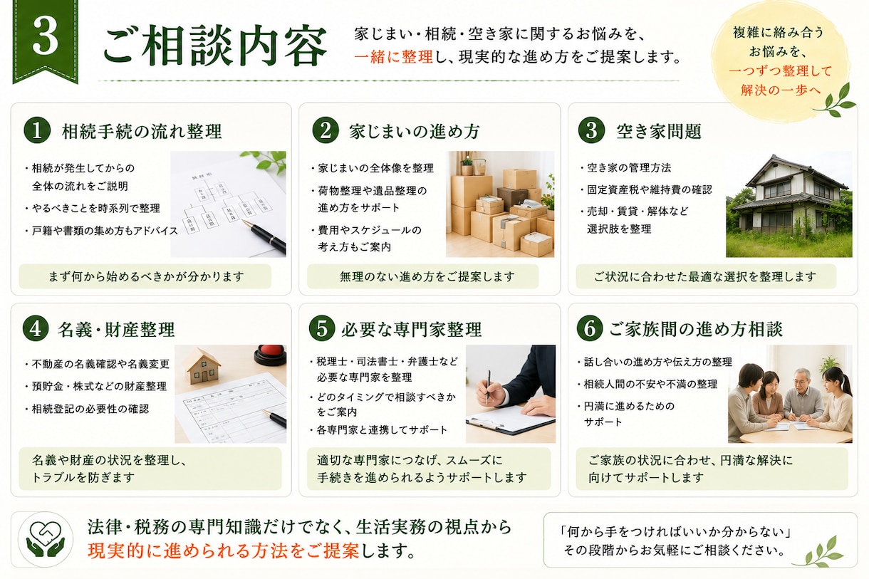 実家の相続と家じまい、何から始めるか整理します 相続案件数百件。税理士法人での実務経験をもとに相談を承ります イメージ3
