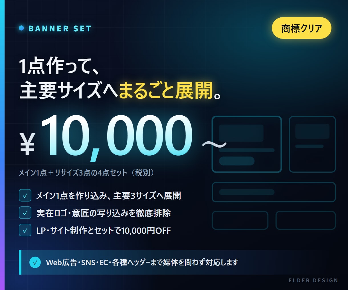 広告・SNS用バナーを主要サイズに展開します 1点デザインして各媒体へリサイズ。商標リスクも完全クリア イメージ1