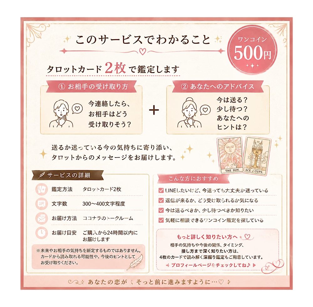 あの人に今、連絡していいか占います 送った時の反応と、今は送る？待つ？をタロットで読み解きます イメージ2