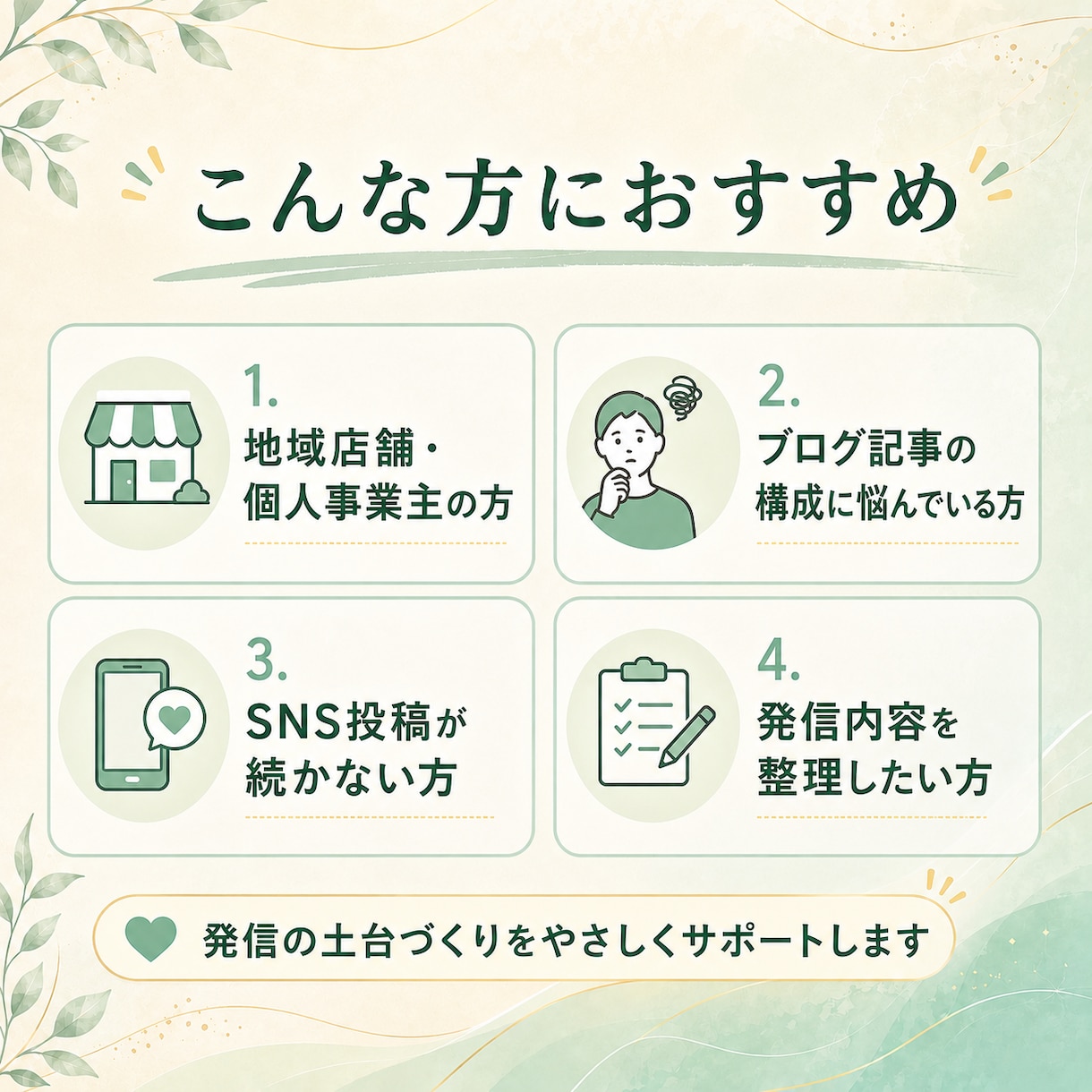 個人事業主向けにブログ構成とSNS文を作ります 現役個人事業主が想い伝わる発信の土台を整えます イメージ2