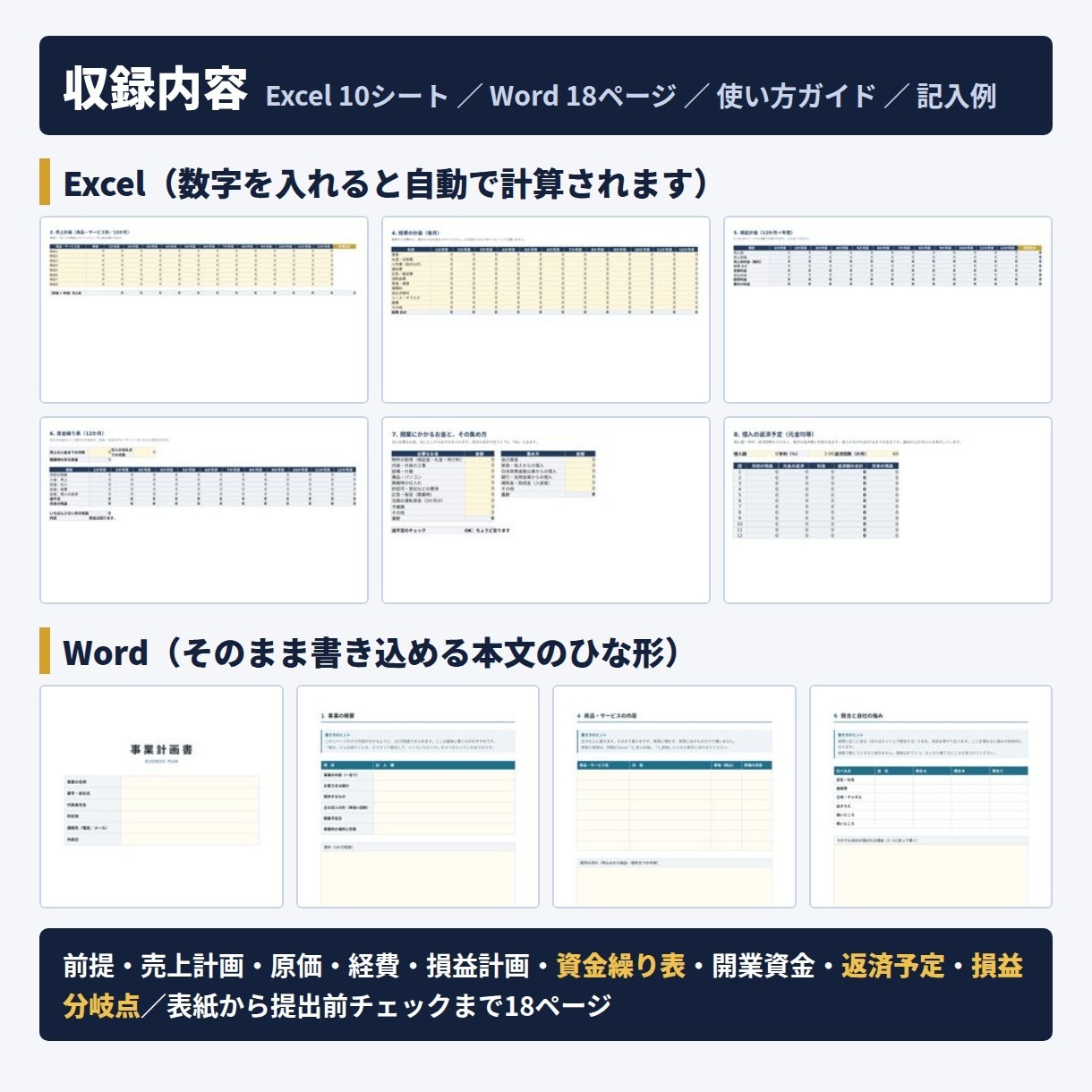 資金繰り表つき事業計画書のひな形一式を販売します 創業融資の事業計画書。エクセルとワードのテンプレート イメージ2