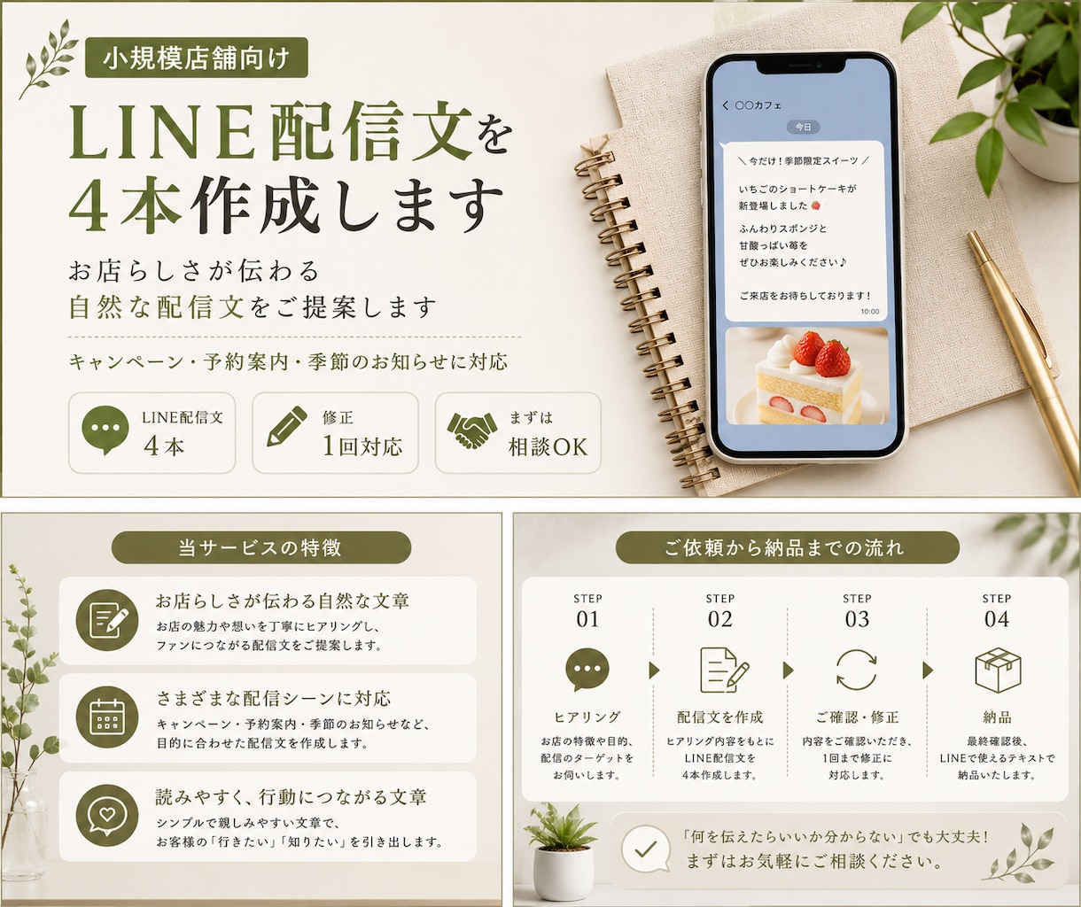 店舗向けLINE配信文を4本作成します キャンペーン・新商品・予約案内をお店らしい文章に イメージ3