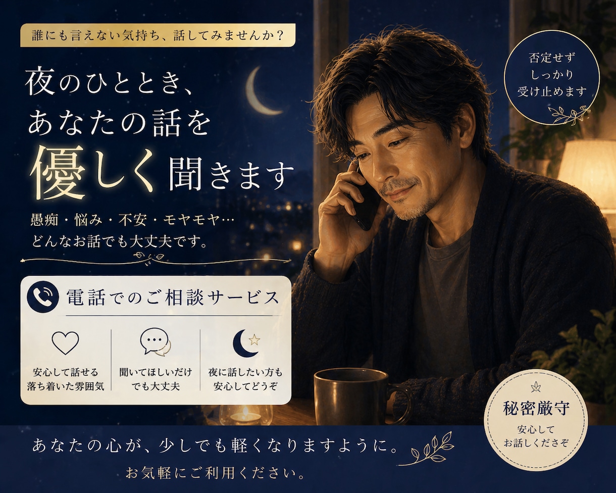 お悩み、愚痴、雑談何でもお話聴かせて頂きます 誰にも言えない話、優しく寄り添います イメージ1