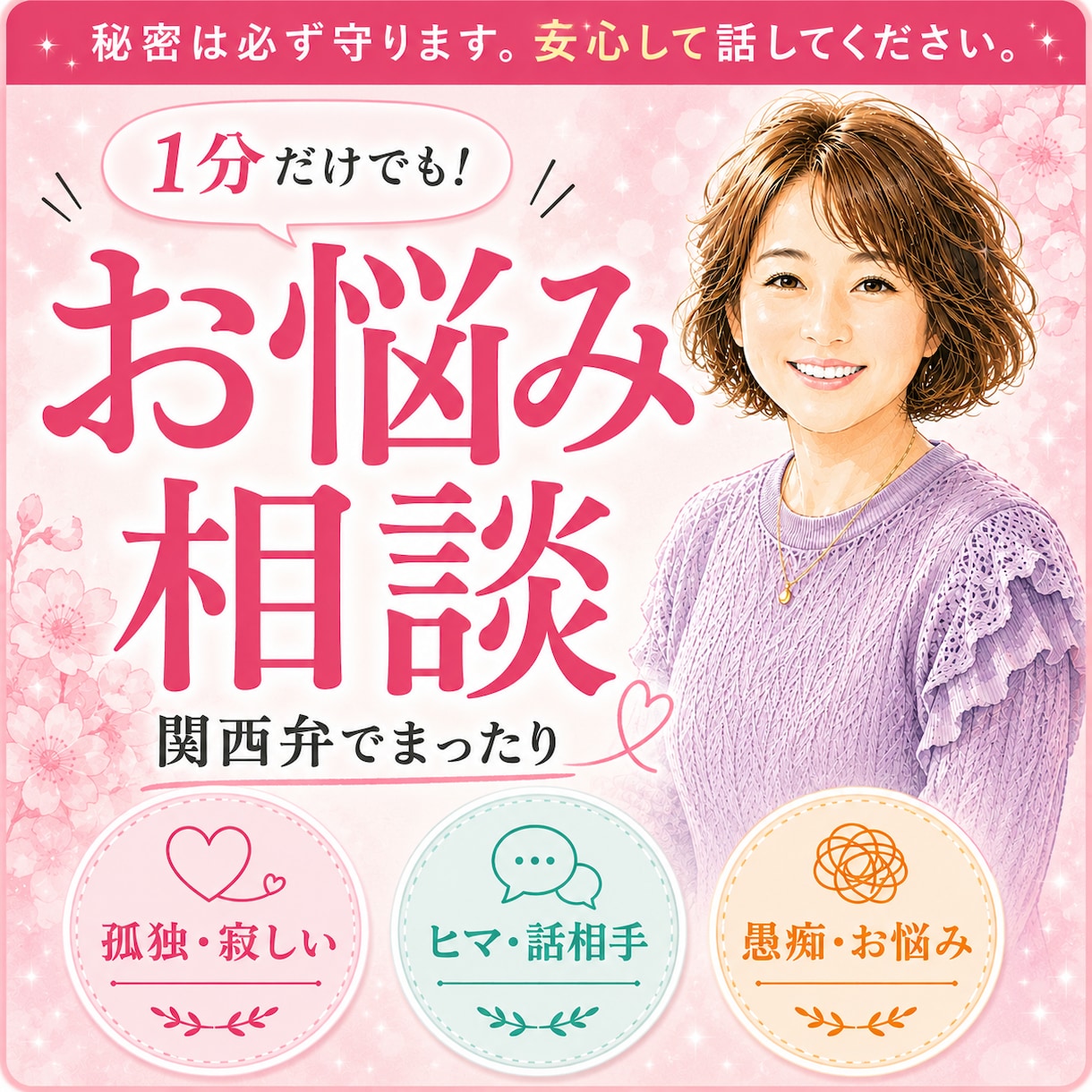 雑談も悩みも全部OK。関西弁のお悩みお聞きします カウンセリングじゃない。ただあなたに優しく寄り添います。 イメージ1