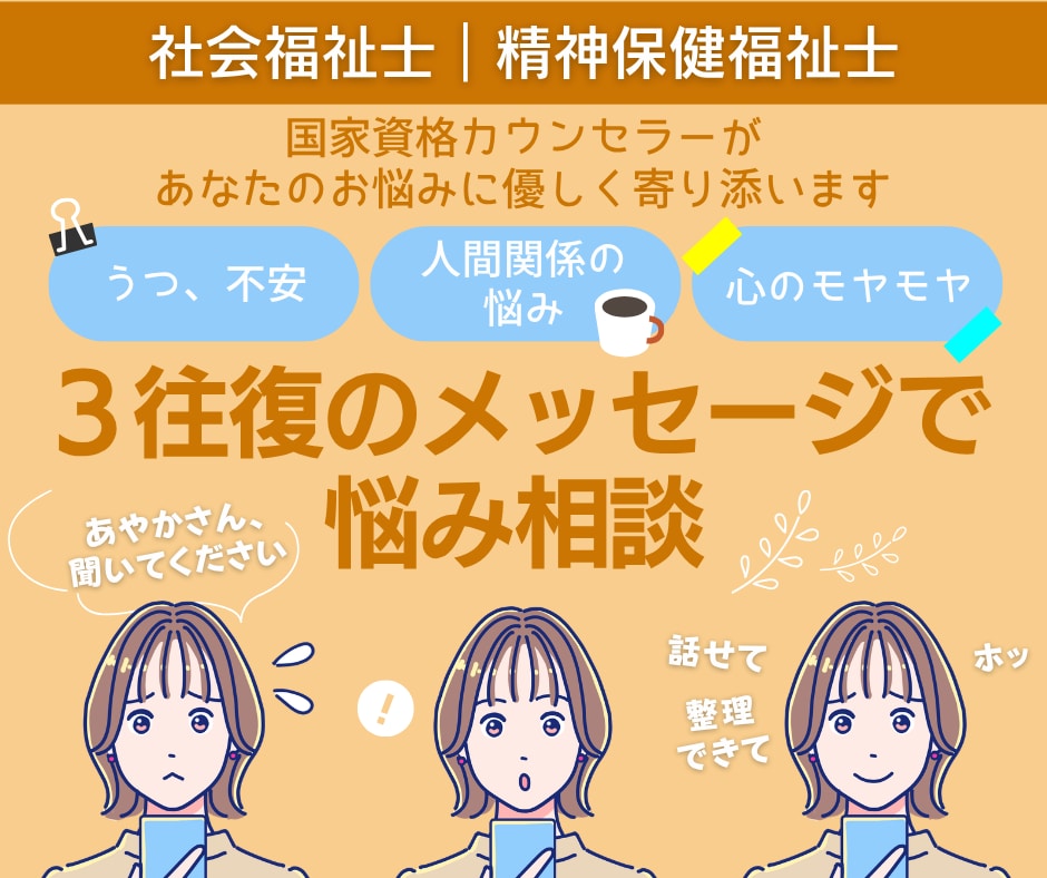 もやもや・不安等のお悩みをメッセージでお聞きします 3往復で心の専門家があなたのモヤモヤに寄り添い、整理します イメージ1