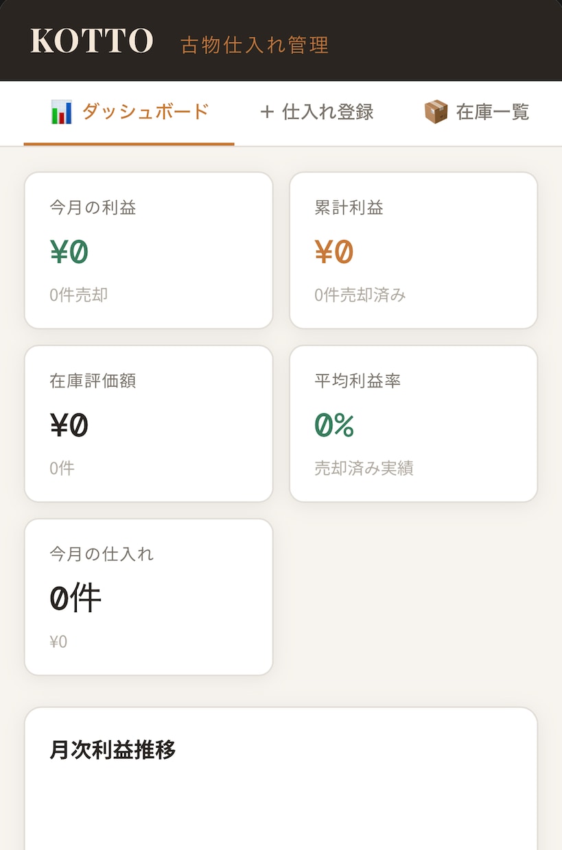 古物商専用　仕入れ管理ツール KOTTOます 利益率自動計算・在庫管理・月次レポートまで　スマホ・PC対応 イメージ2