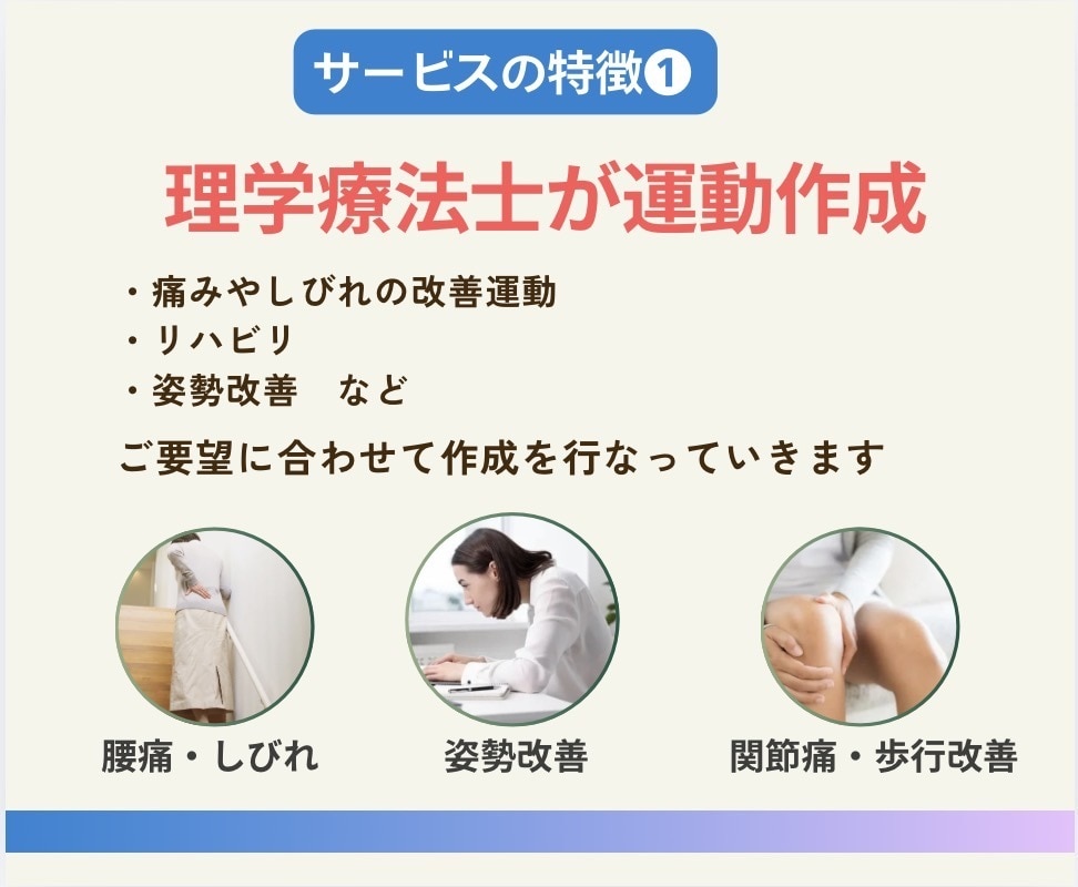 理学療法士(国家資格)がストレッチ筋トレ作成します 柔軟性、筋力、肩こり・腰痛など痛み・疲労改善メニュー作成 イメージ2