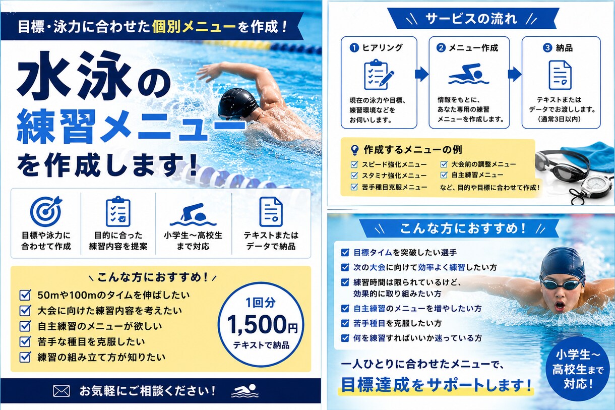 水泳の練習メニュー作成します 目標・泳力に合わせた個別練習メニューを作成 イメージ1