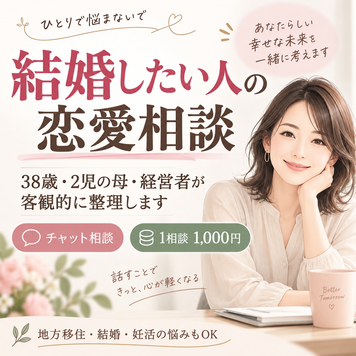 結婚したい人の恋愛相談、ママ経営者が整理します 結婚に向けて遠回りしないための選択肢を一緒に考えます。 イメージ1