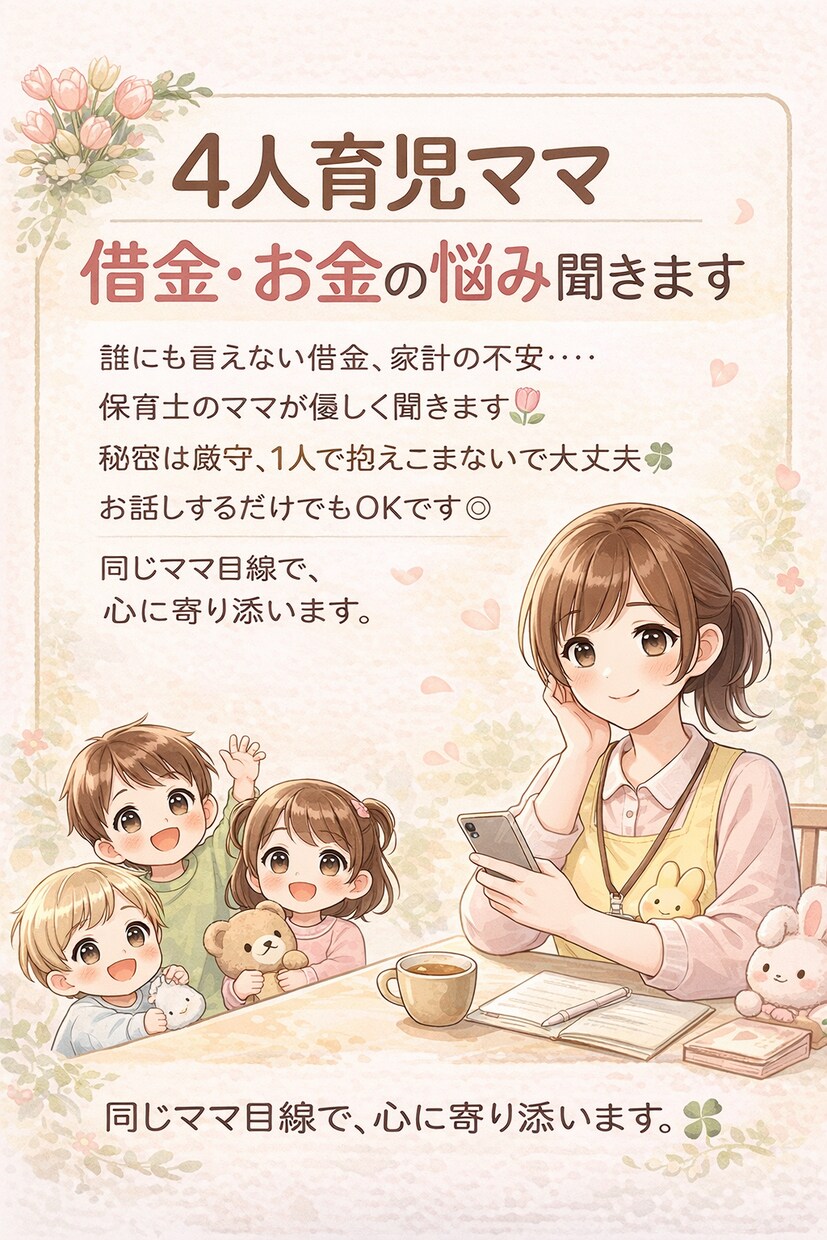 4人育児保育士ママが借金・お金の不安悩みを聞きます 保育士ママが否定せず優しく聞きます。秘密厳守！ イメージ1