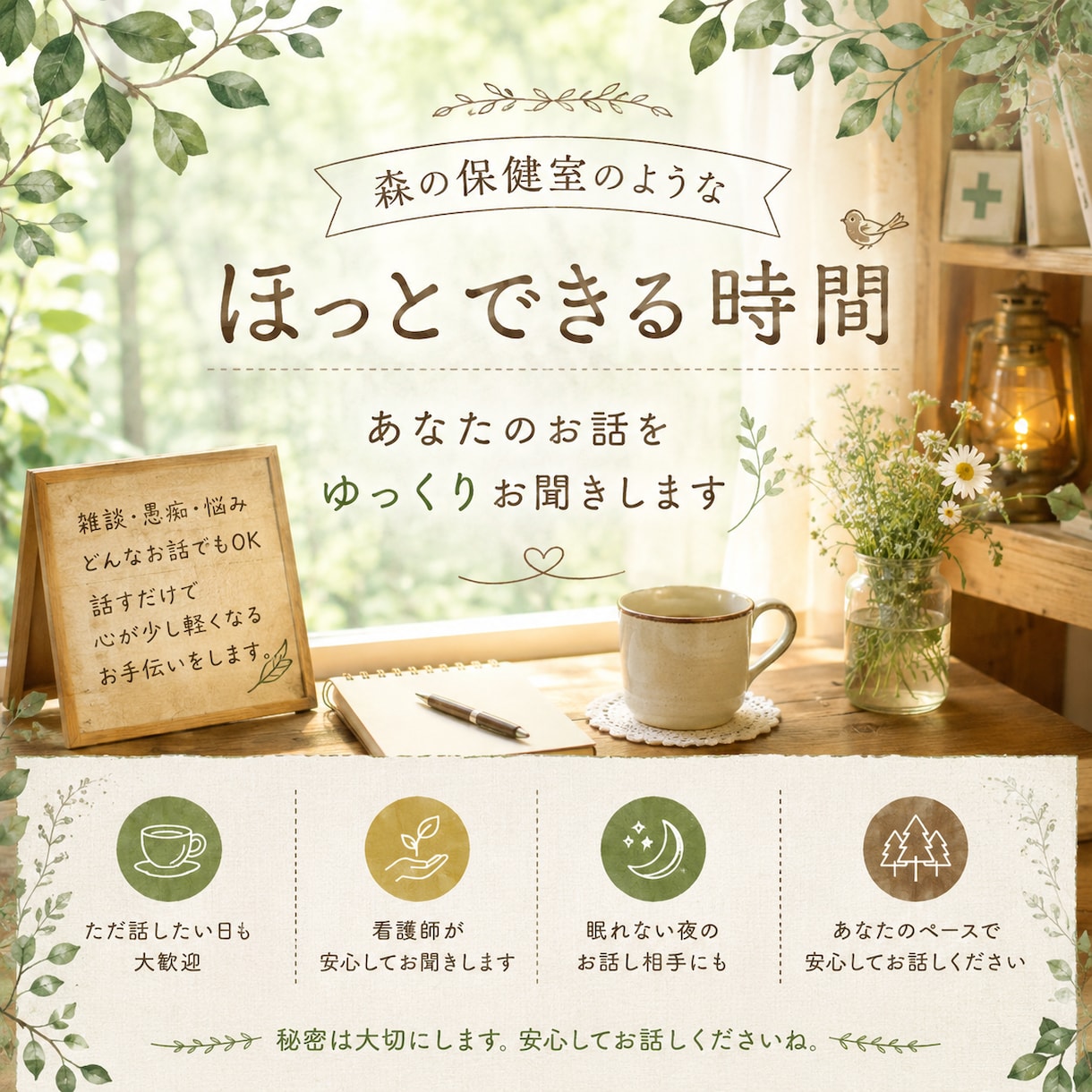 看護師があなたのお話をゆっくりお聞きします 森の保健室のような、ほっとできる時間 イメージ1