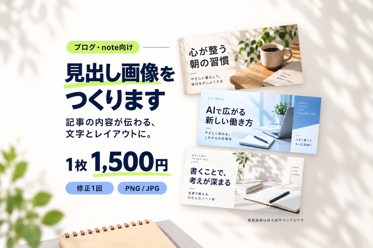 ブログ・noteの見出し画像を制作します 1枚から。記事の内容に合う文字とレイアウトに イメージ1