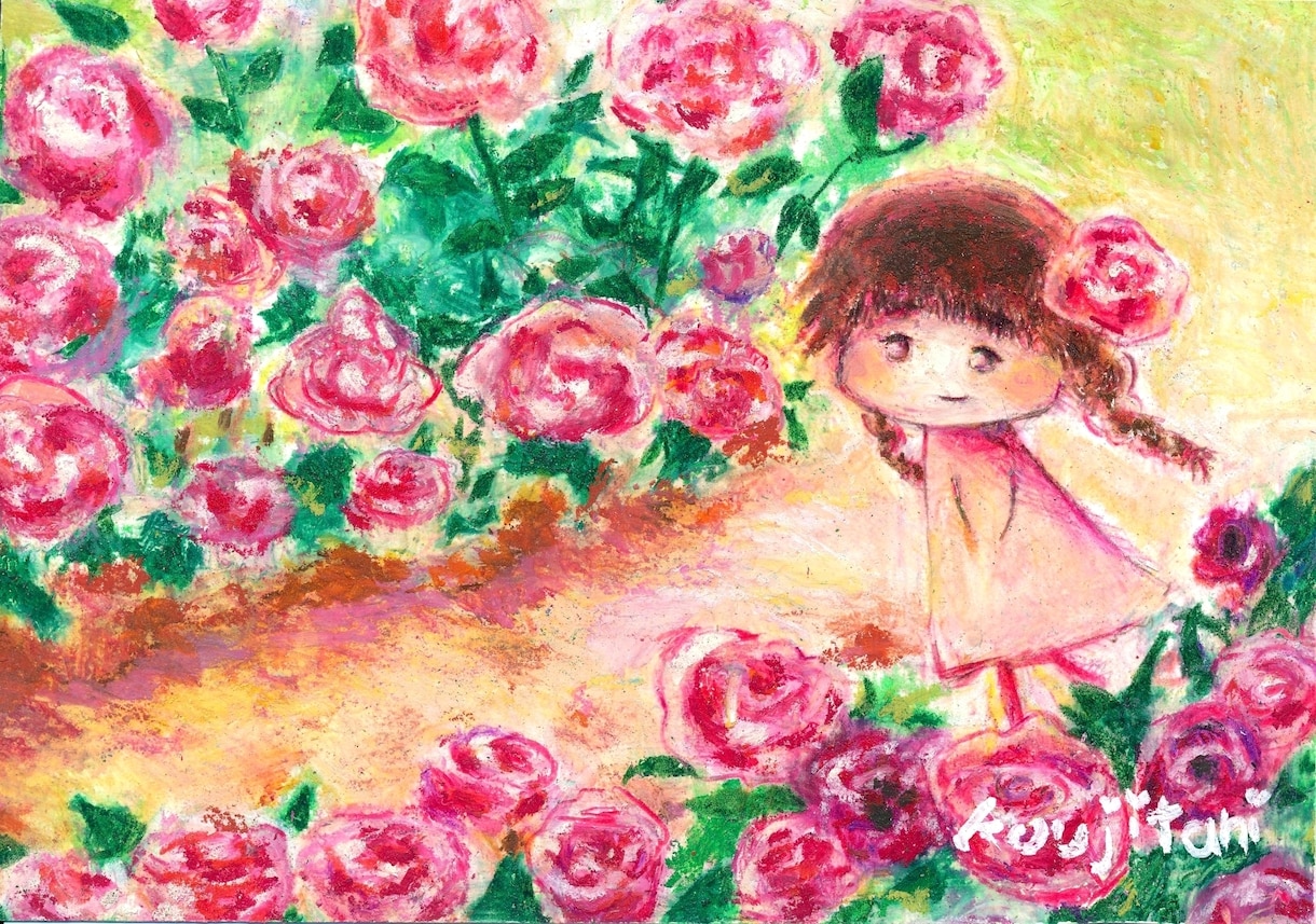 妖精とお花の絵画をクレヨンで描きます 思い出　大切　記念　お花　プレゼント イメージ1