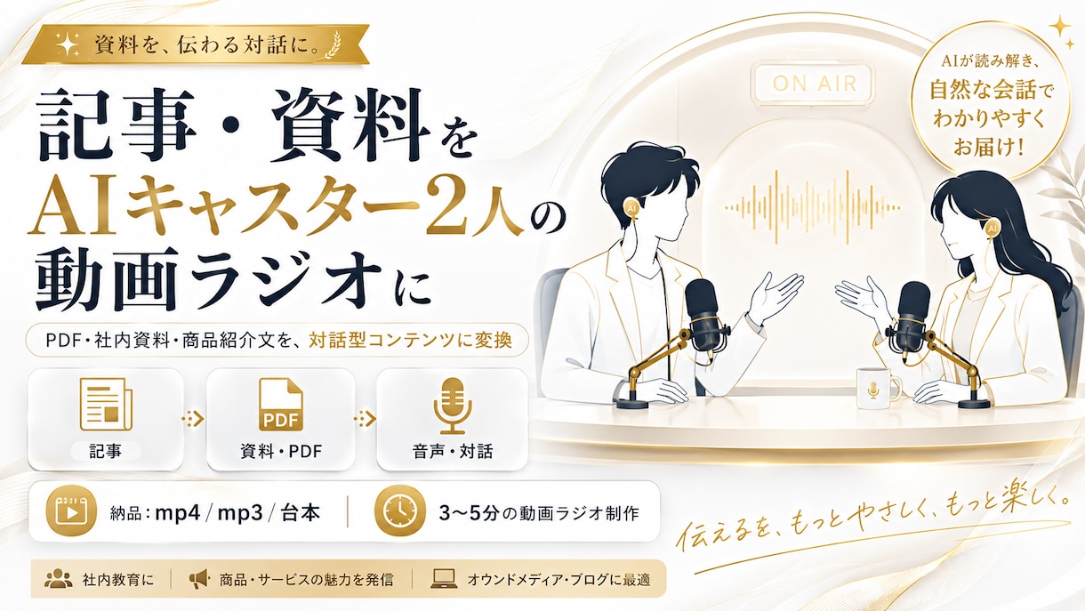 記事・資料をAIキャスター2人の動画ラジオにします 5分増量中⚠️絶対にどれかのオプションを選んでください‼️ イメージ1