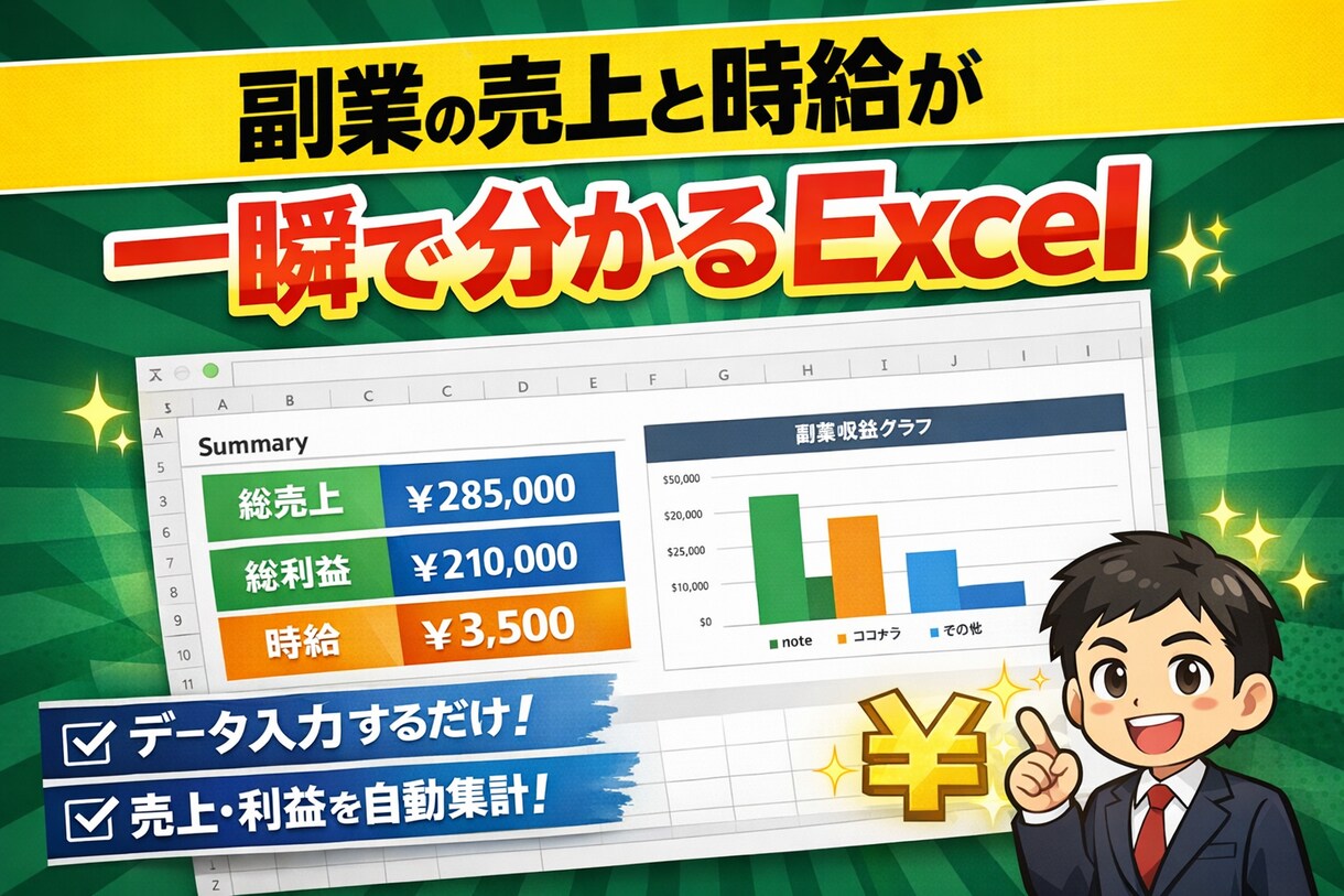 副業売上・作業時間を自動管理するExcel作ります 副業売上・利益・時給を自動で見える化。成果が分かるExcel イメージ1