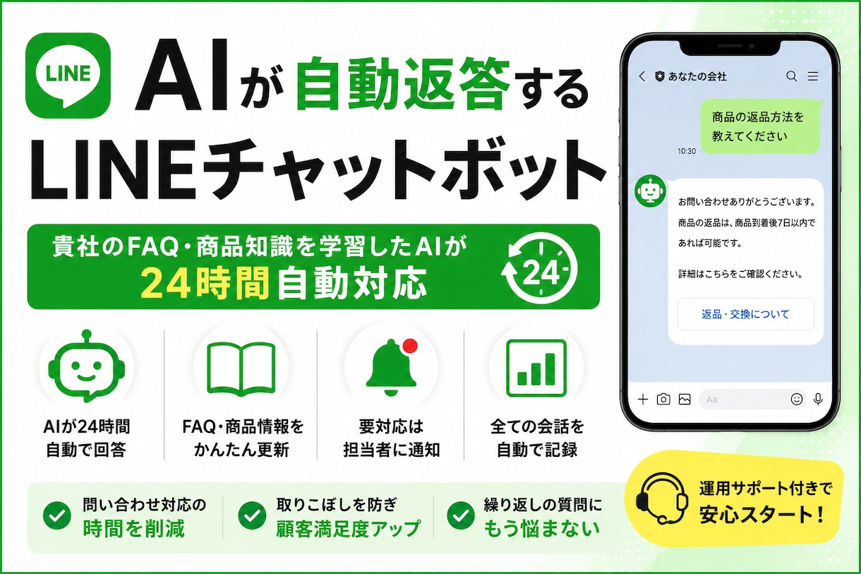 AIが自動返答するLINEチャットボットを作ります 貴社のFAQ・商品知識を学習したAIが24時間自動対応 イメージ1