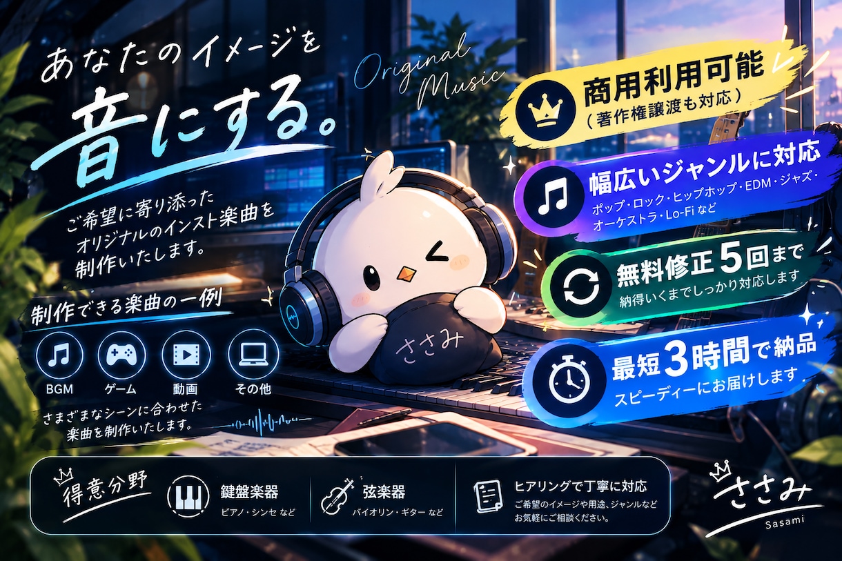 幅広いジャンルでBGMを素早く提供します 依頼内容に沿ってインスト楽曲を素早く提供させていただきます。 イメージ1