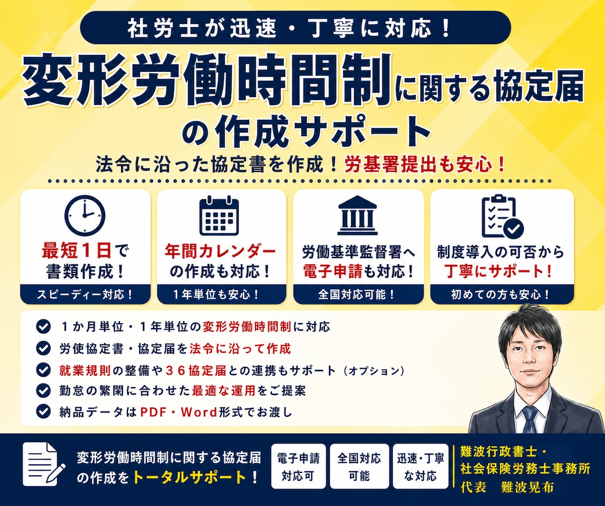社労士が対応！変形労働時間制の協定届作成提出します 1年・1か月単位の変形労働時間制を社労士がサポートします！ イメージ1