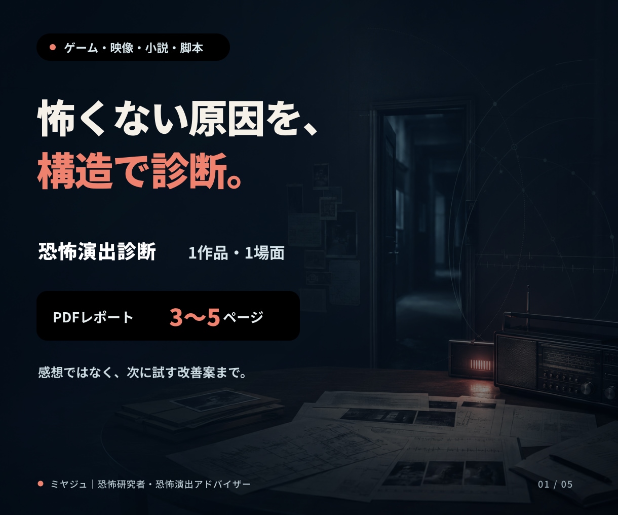 ホラー作品の恐怖演出を分析・改善します 「怖くない原因」を言語化し、作品に合う改善案をご提案 イメージ1