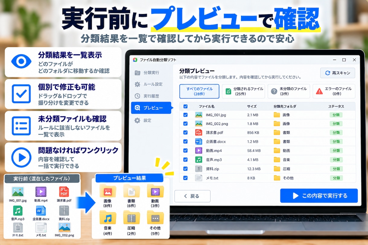 ファイルを自動で分類・整理できるツールを提供します PDF・Excel・画像などをルール通りにまとめて自動整理 イメージ3