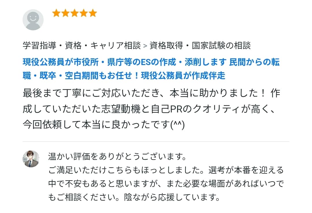 元採用担当の現役職員が伴走！市役所等ES作成します 転職・既卒・空白期間もお任せ！面接官経験者がゼロから作成！ イメージ11