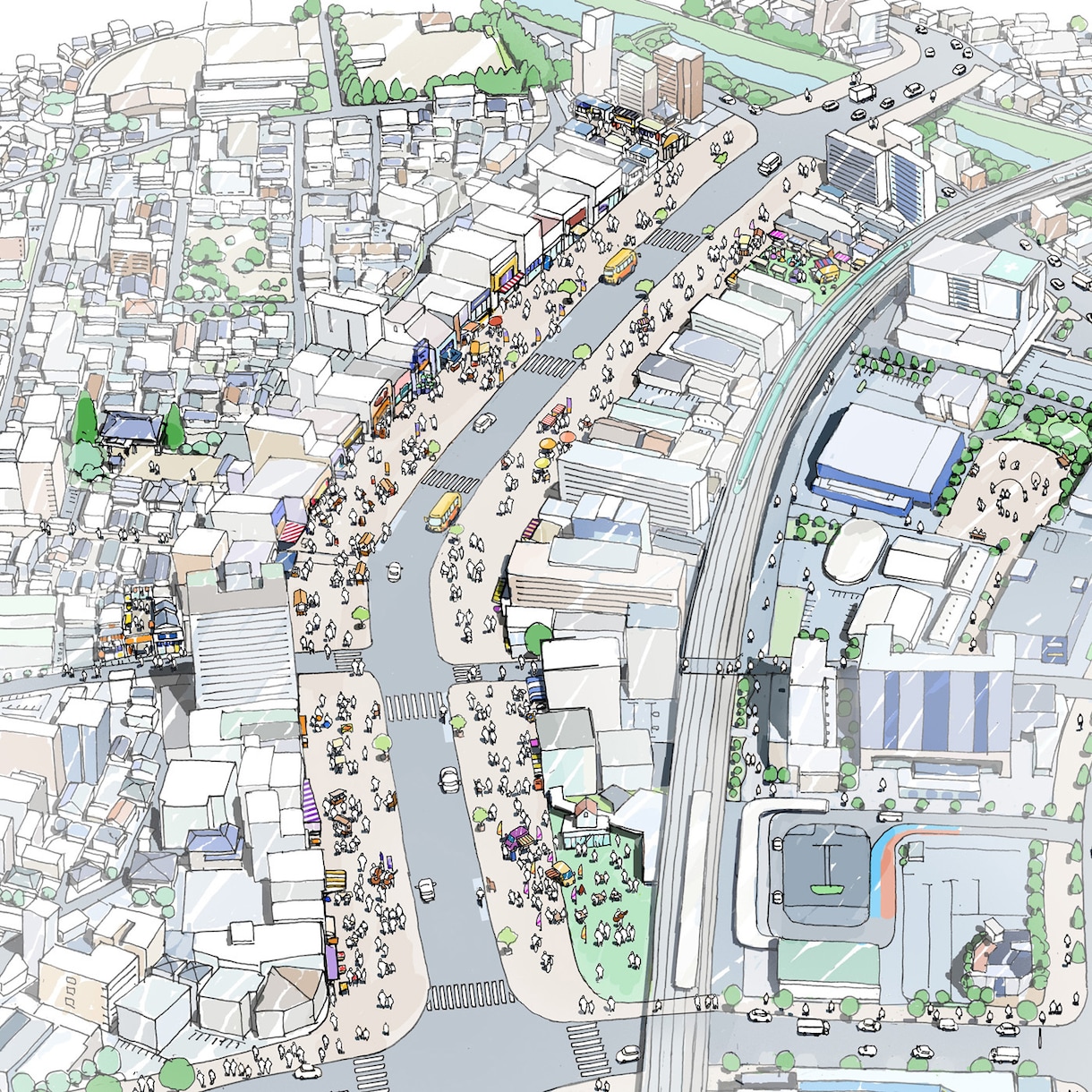 わかりやすく魅力ある手描き鳥瞰パースを制作します 公園やイベント、市街地や広域な鳥瞰など様々に対応 イメージ1